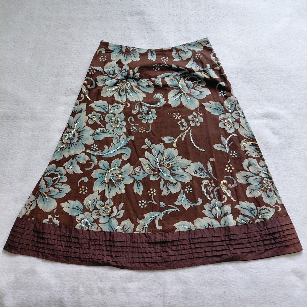 VTG Y2K Coldwater Creek Floral Sequin A Line Skirt Brown Teal Petite 8 Boho NWT